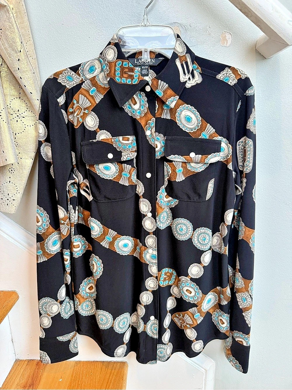 Lauren Ralph Lauren Concho Belt-Print Western Shirt Black Turquoise XS